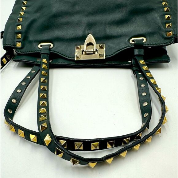Auth Valentino Garavani Forest Green Leather Rockstud 2way Trapeze Shopper Tote - Picture 9 of 16